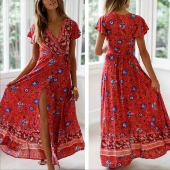 Bohemian Red floral Print maxi kimono dress cover up - Picture 2 of 6